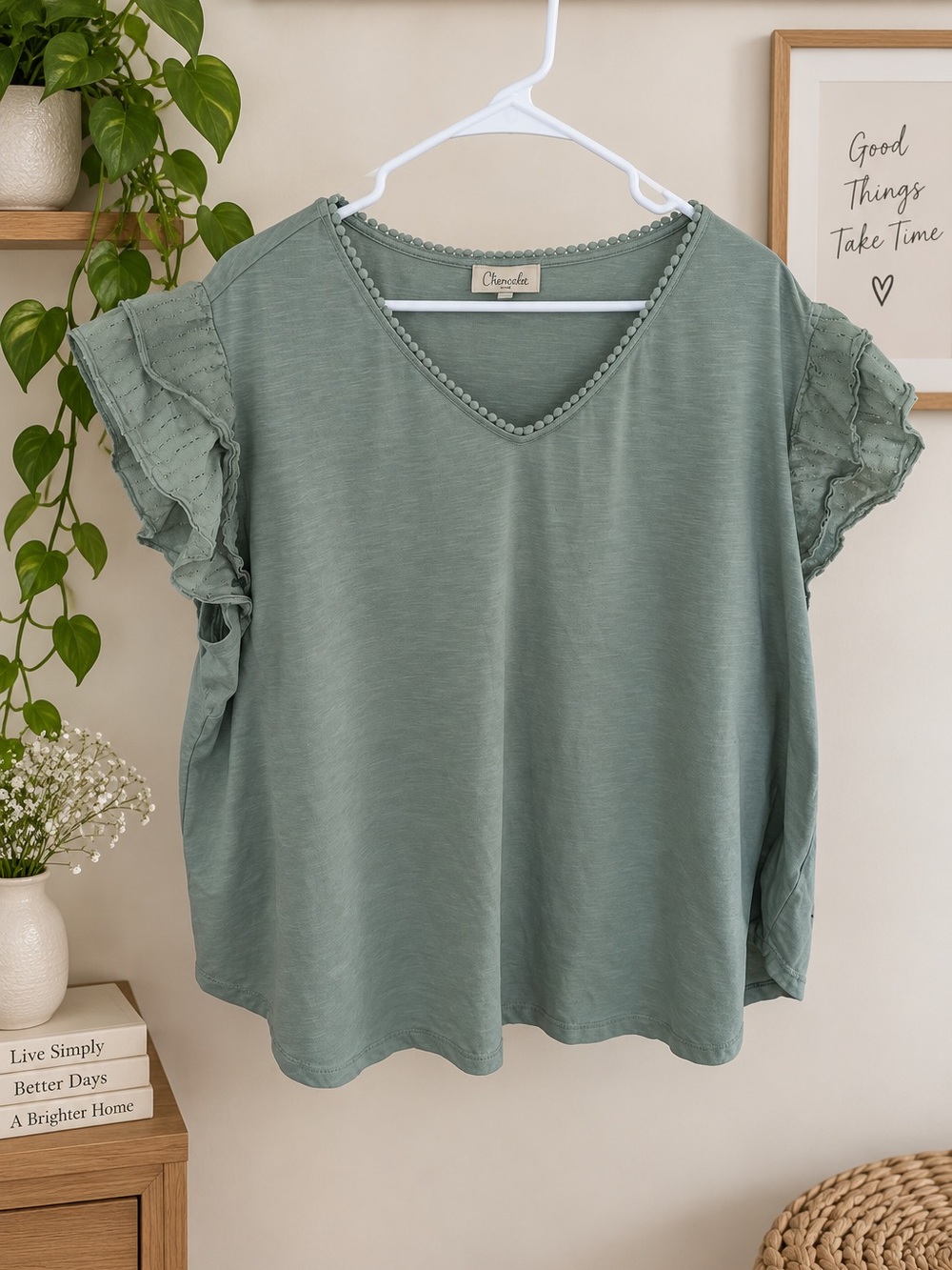 Chenault Women’s 3X Sage Green Ruffle Sleeve V-Neck Top Plus Size